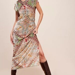 Free People Iris Maxi Dress with Flocked Velvet Design Open Back, Scoop Neck
